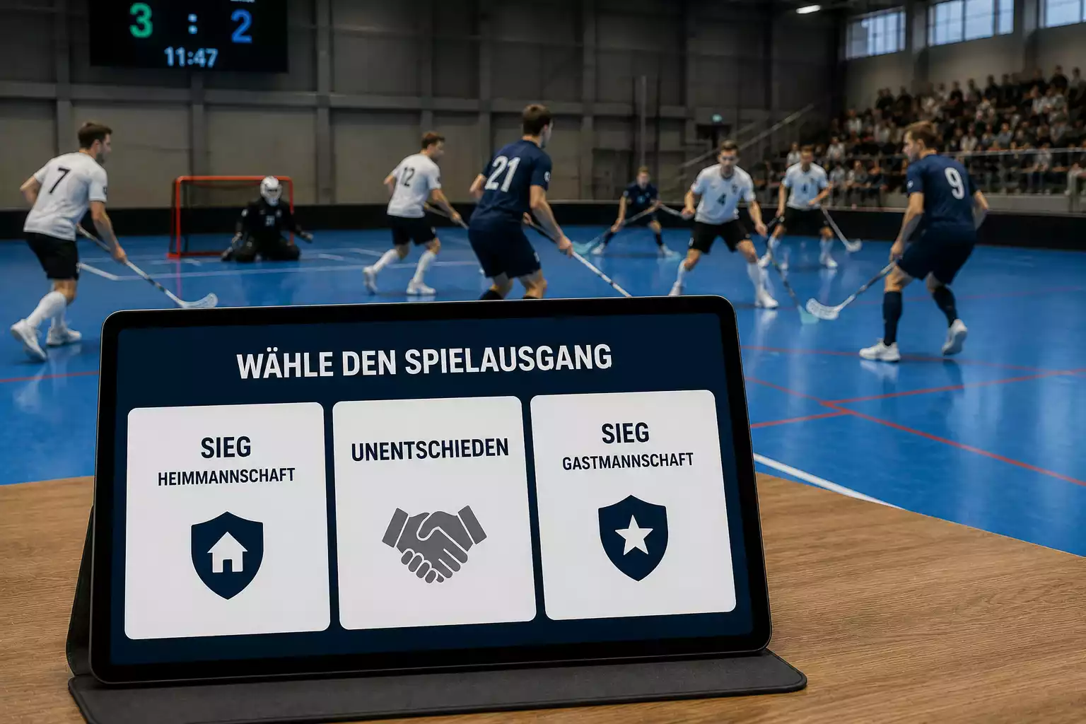 Wettschein mit den drei Ausgängen Heimsieg, Unentschieden und Auswärtssieg im Unihockey