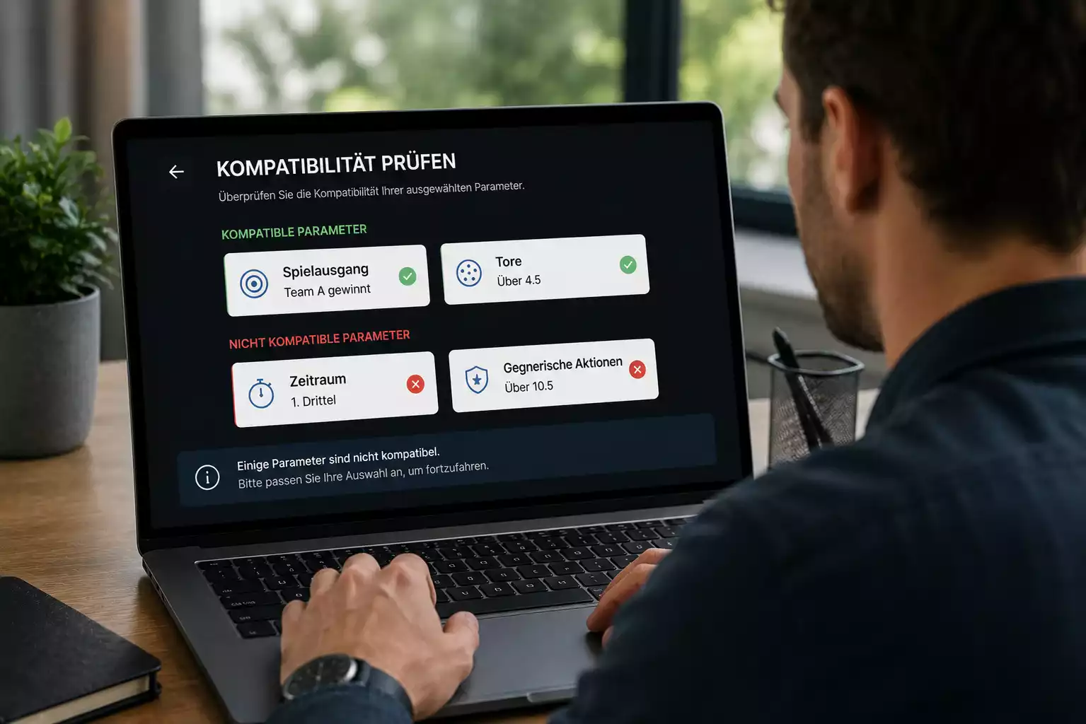 Person prüft am Bildschirm, welche Selektionen sich im Bet-Builder ausschliessen