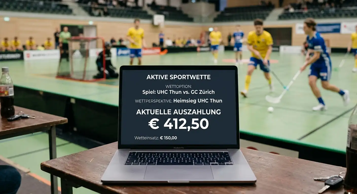 Bildschirm mit dem aktuellen Auszahlungswert einer laufenden Wette auf ein Floorball-Spiel