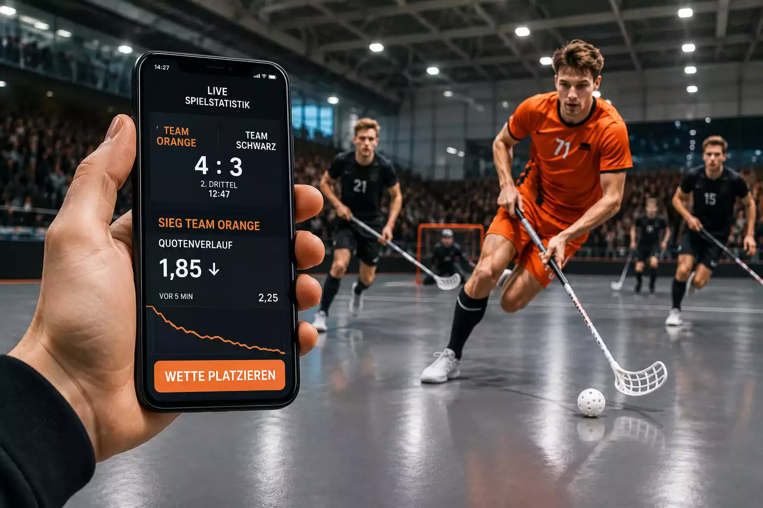 Smartphone zeigt eine fallende Live-Quote mit Cash-Out-Schaltfläche während eines Unihockey-Spiels
