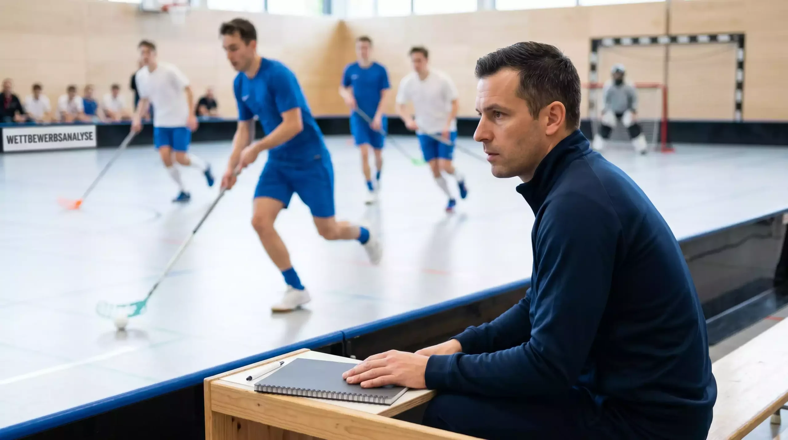 Person wertet konzentriert Spieldaten zu einem Unihockey-Spiel aus