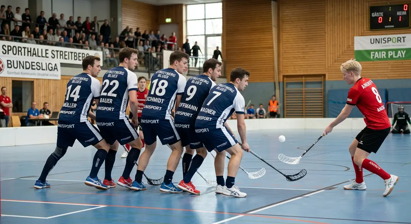 Defensive Unihockey-Mannschaft blockt geschlossen den gegnerischen Angriff ab
