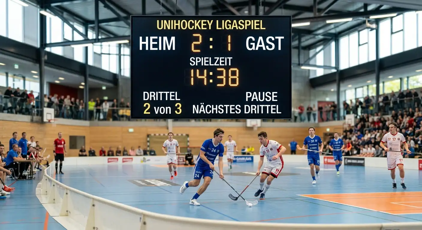 Anzeigetafel teilt ein Unihockey-Spiel sichtbar in drei Drittel auf