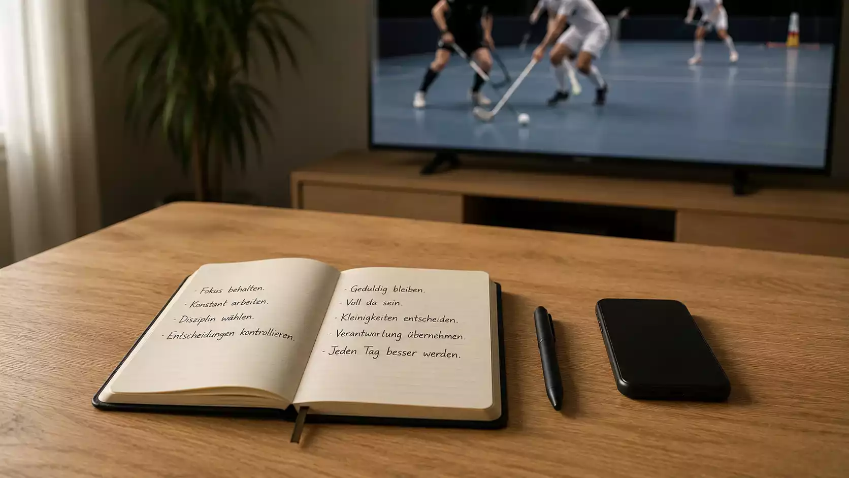 Notizblock mit festgelegtem Wettbudget neben einem laufenden Unihockey-Spiel