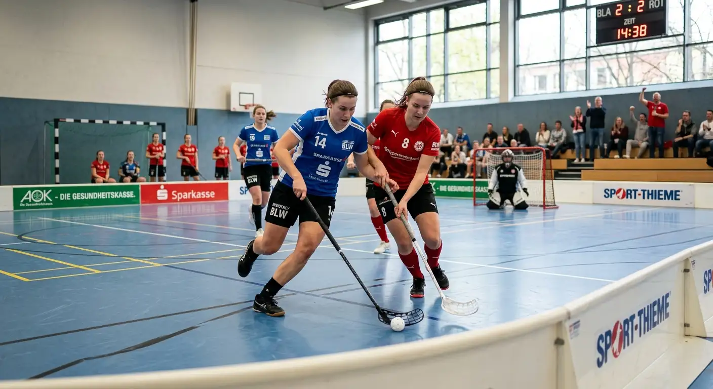 Zwei gleichstarke Unihockey-Teams liefern sich ein offenes Duell auf dem Spielfeld