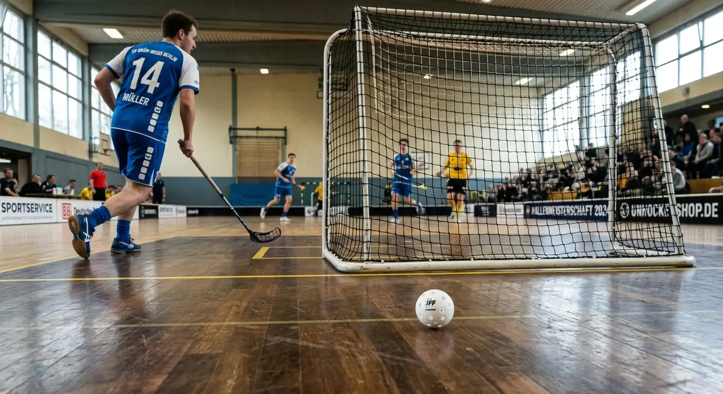 Weisser Floorball-Ball mit Löchern liegt auf dem Hallenboden vor dem Tor