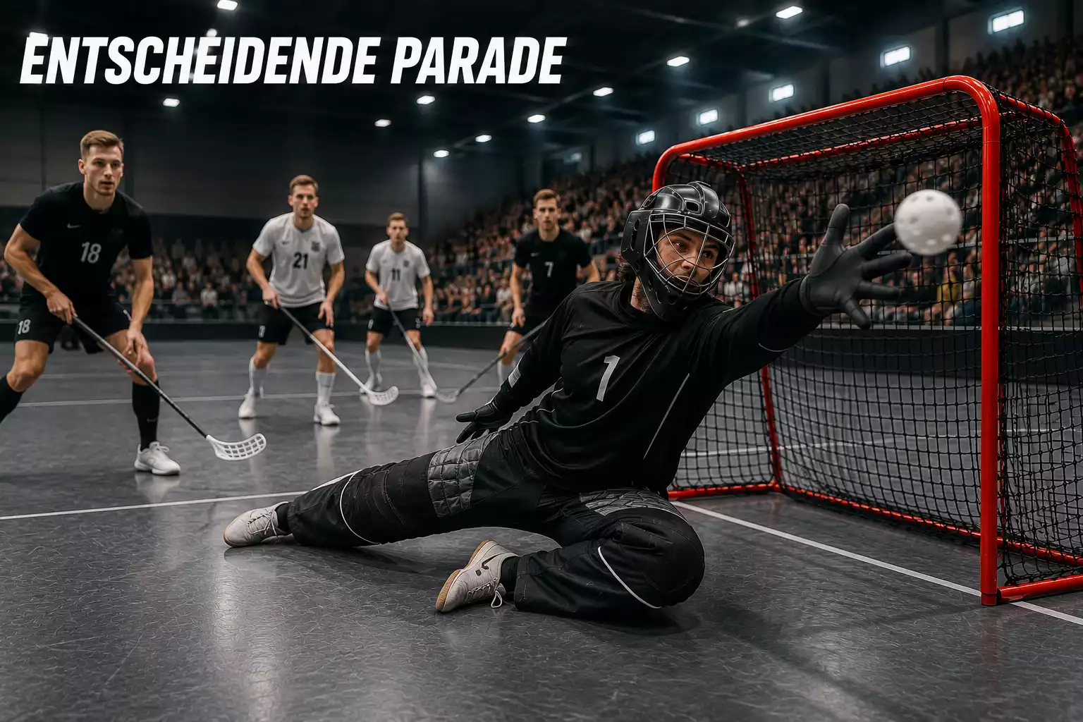 Floorball-Torhüter wirft sich zur Abwehr eines Schusses in den Torraum