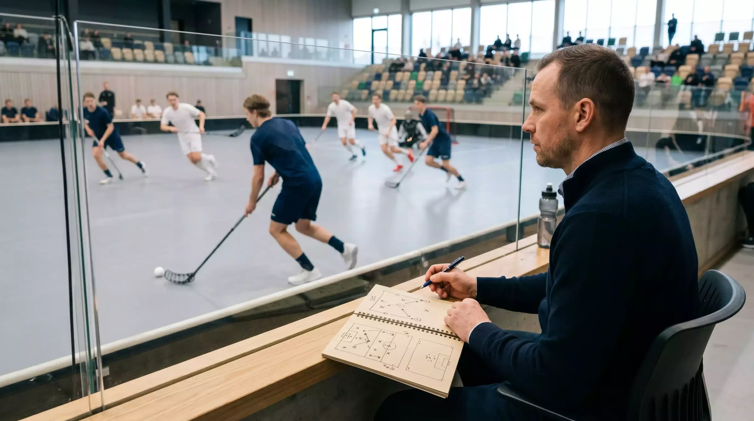 Analyst betrachtet Leistungskennzahlen zweier Unihockey-Teams auf einem Bildschirm