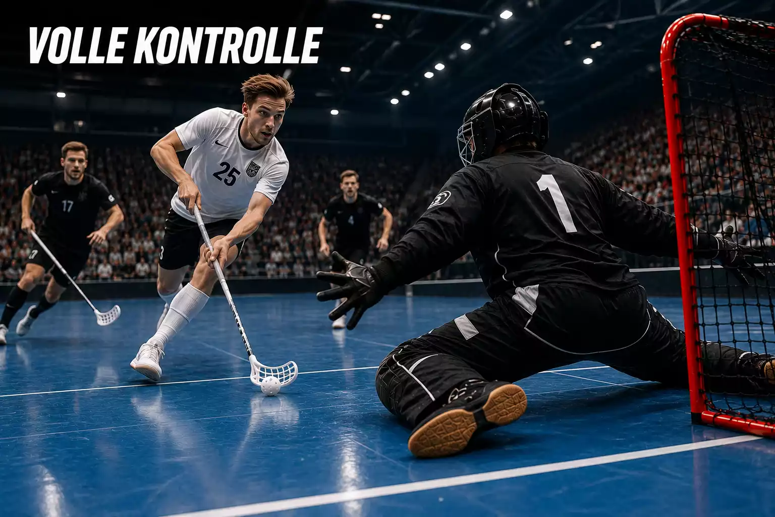 Schneller Konter im Unihockey mit einem Stürmer allein vor dem Tor