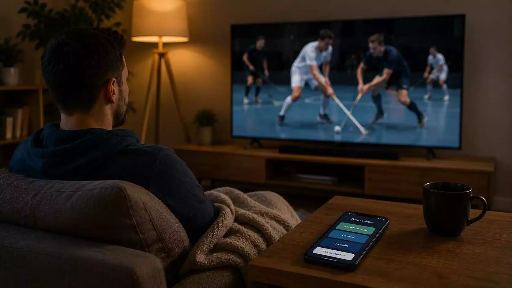 Wettende Person verfolgt ein laufendes Unihockey-Spiel und platziert eine Live-Wette am Smartphone