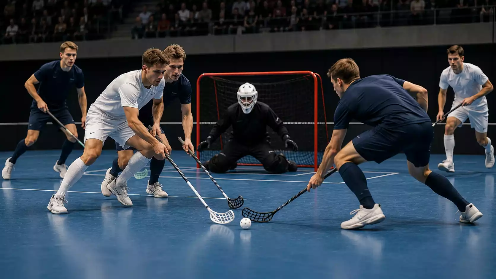 Druckphase in einem Unihockey-Spiel mit einem Team in Überzahl vor dem gegnerischen Tor