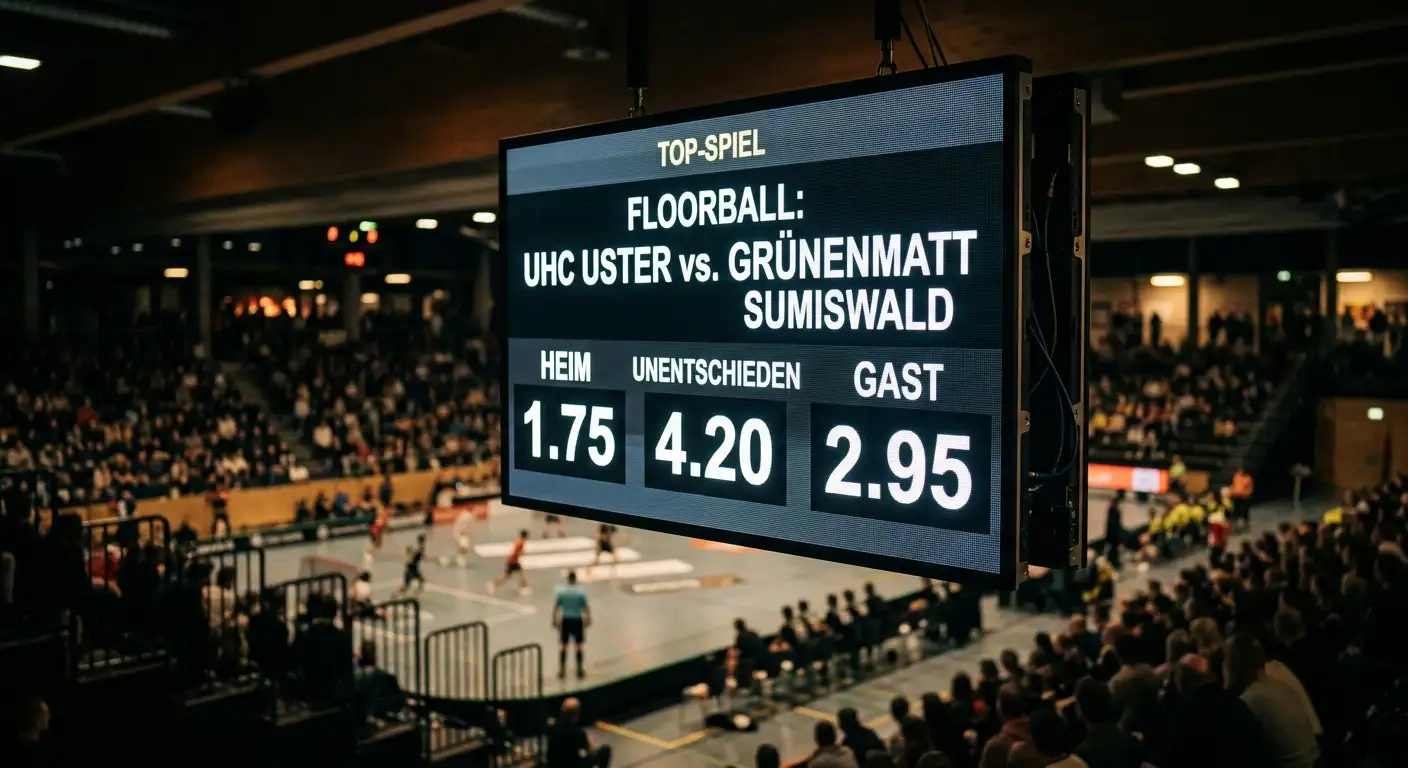 Dezimalquoten zu einem Unihockey-Spiel auf einer Anzeigetafel mit Heim-, Unentschieden- und Auswärtsquote