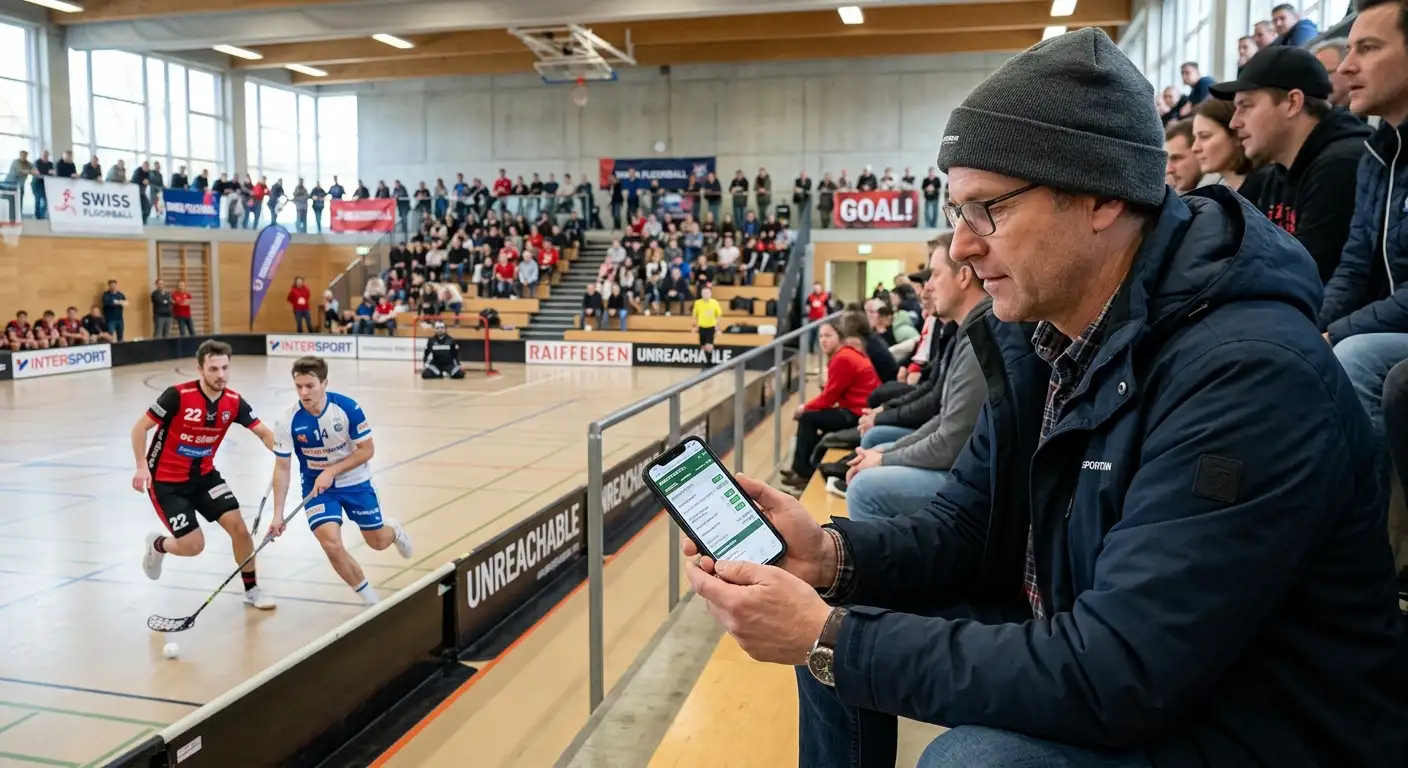 Wettender liest aufmerksam die Quoten zu einem Floorball-Spiel
