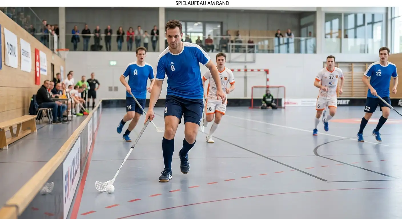 Spielmacher im Unihockey baut ruhig einen Angriff über die Bande auf