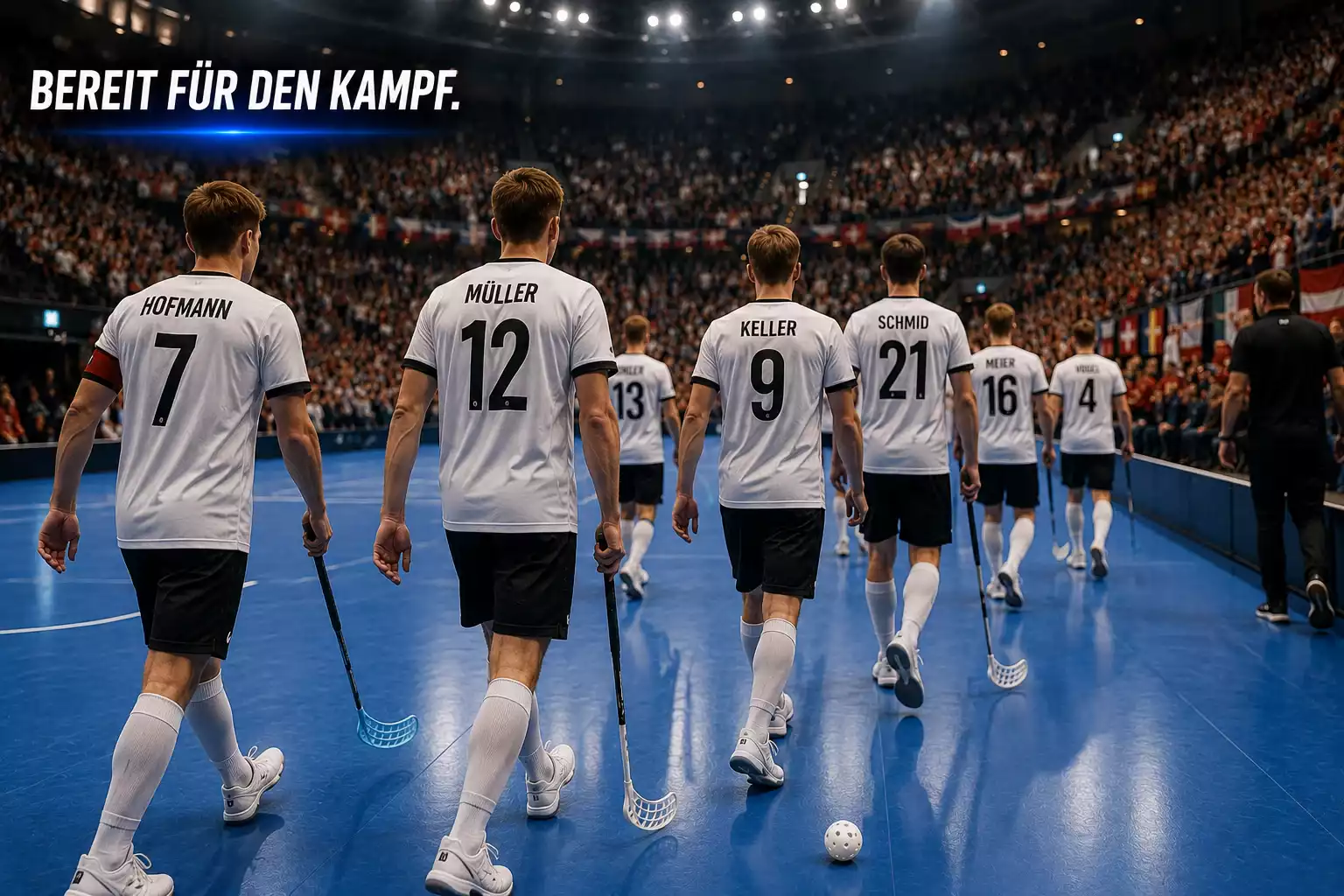Nationalteam beim Einlaufen zu einem WM-Spiel im Unihockey