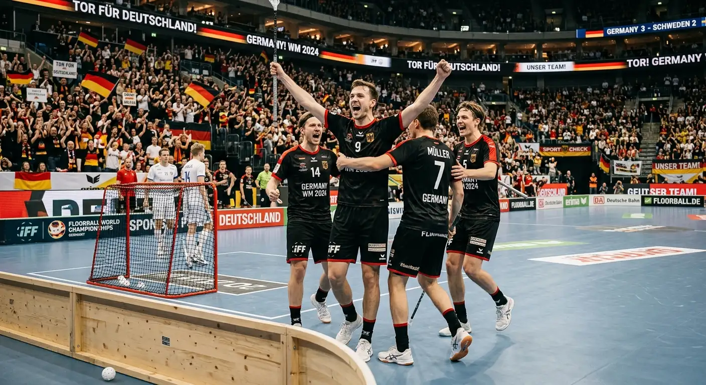 Nationalmannschaft feiert einen Treffer bei der Floorball-Weltmeisterschaft
