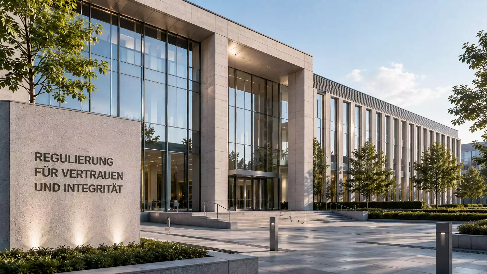 Modernes Bürogebäude einer Schweizer Aufsichtsbehörde mit Glasfassade