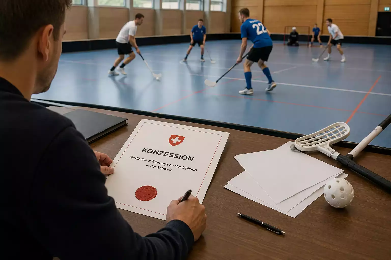 Offizielles Konzessionsdokument einer schweizerischen Geldspielaufsicht auf einem Tisch