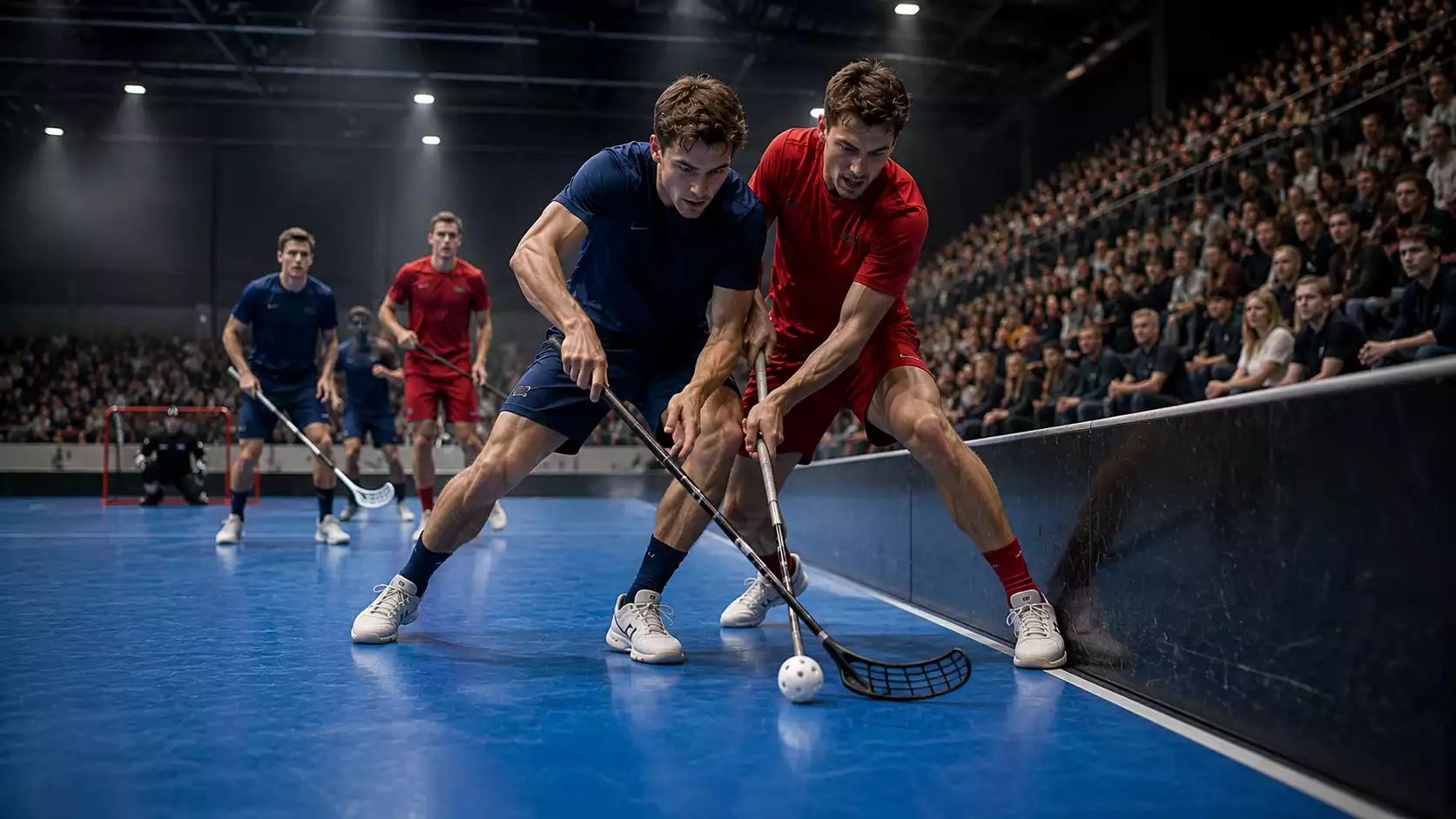 Zweikampf zwischen einem favorisierten und einem unterlegenen Unihockey-Team an der Bande