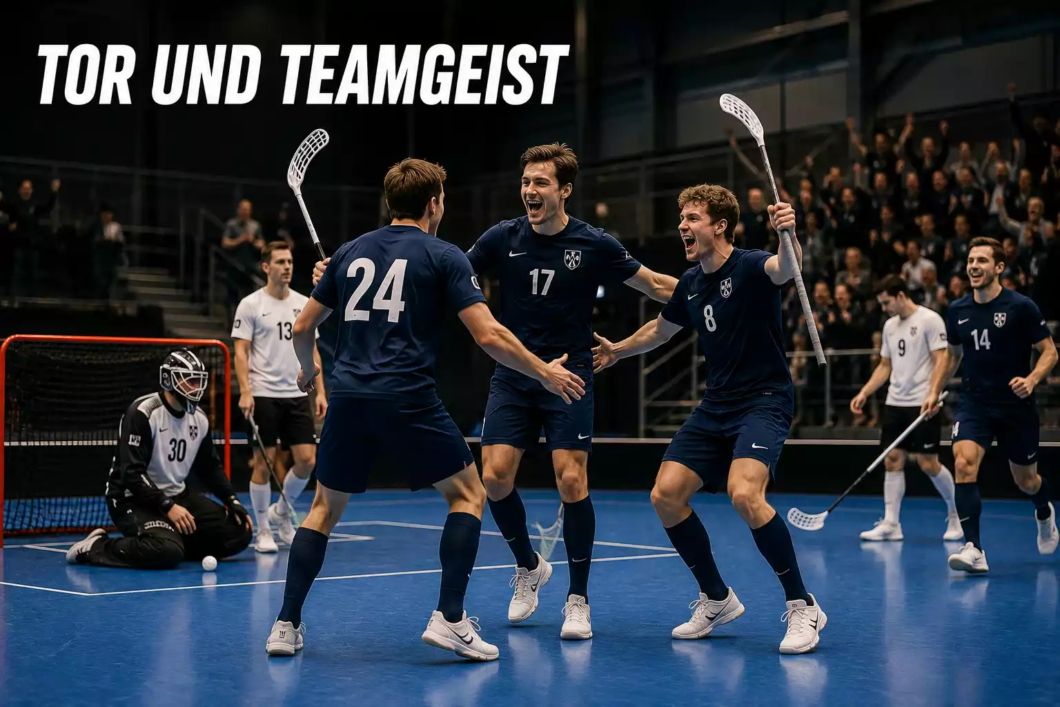 Unihockey-Mannschaft jubelt nach einem Tor während eines Ligaspiels in der Halle
