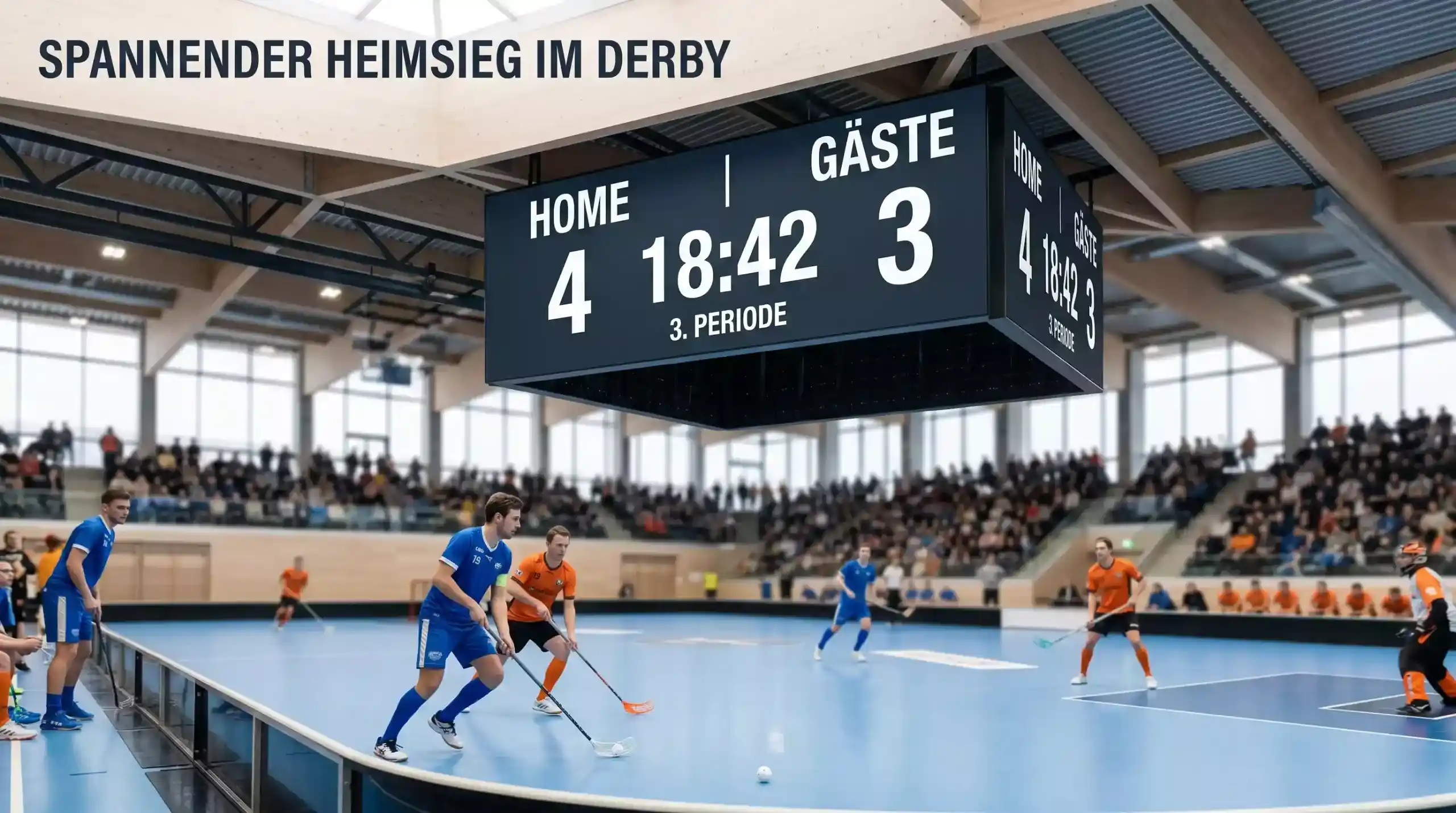 Anzeigetafel einer Unihockey-Halle mit Spielstand und laufender Spielzeit über dem Spielfeld