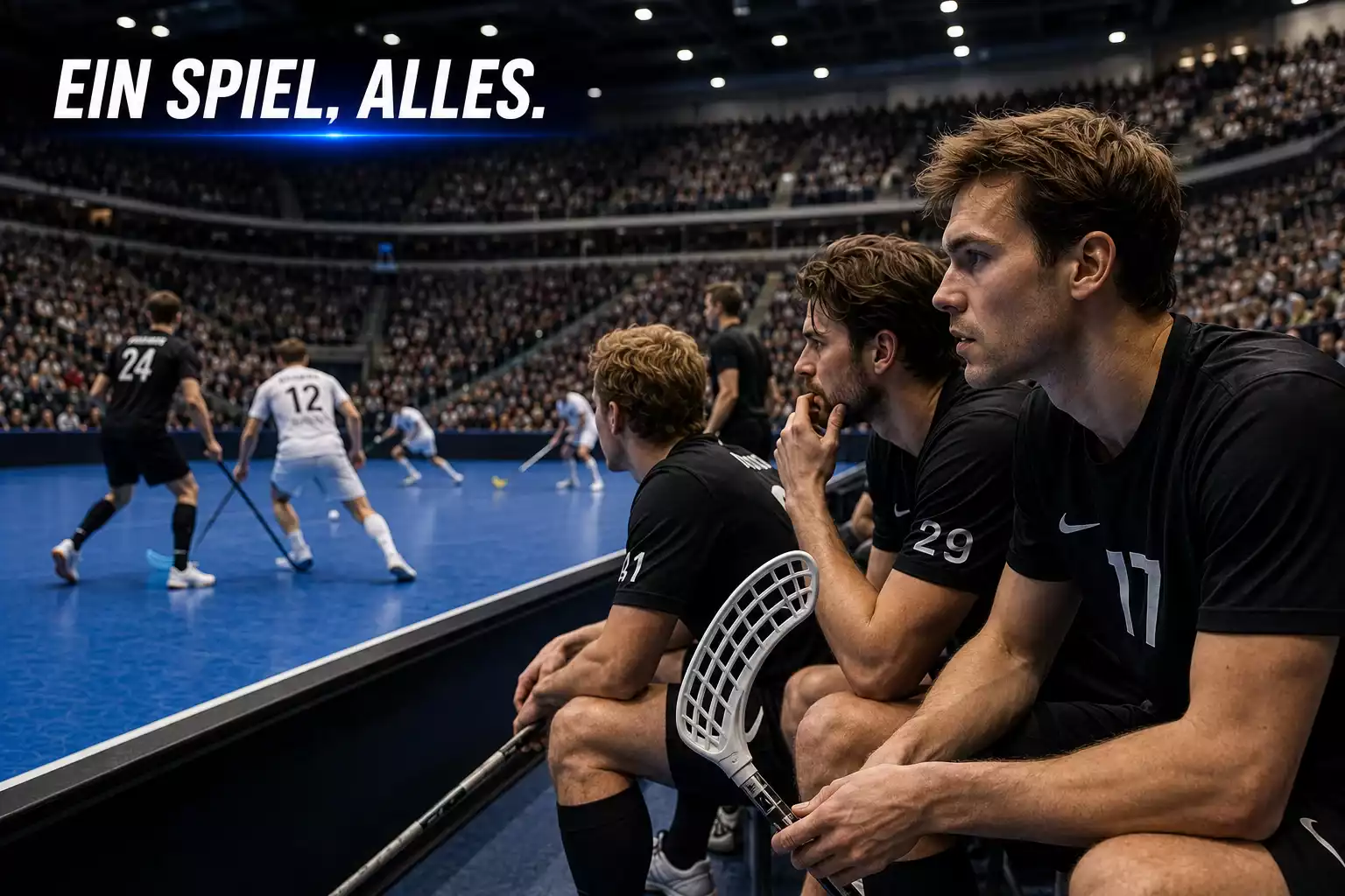 Angespannte Unihockey-Mannschaft auf der Spielerbank während eines entscheidenden Playoff-Spiels