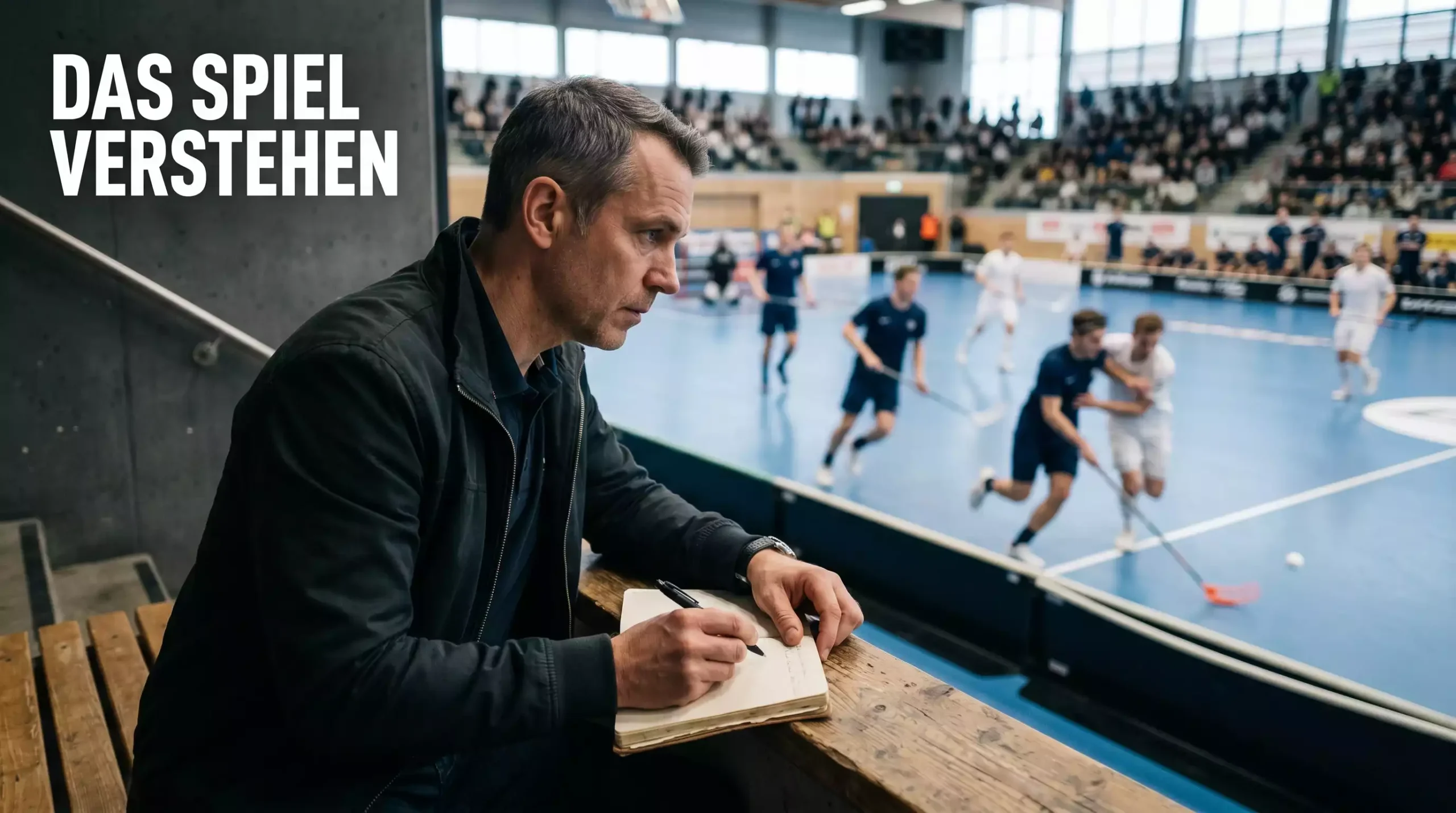 Analyst vergleicht Leistungsdaten zweier Unihockey-Teams auf einem grossen Bildschirm