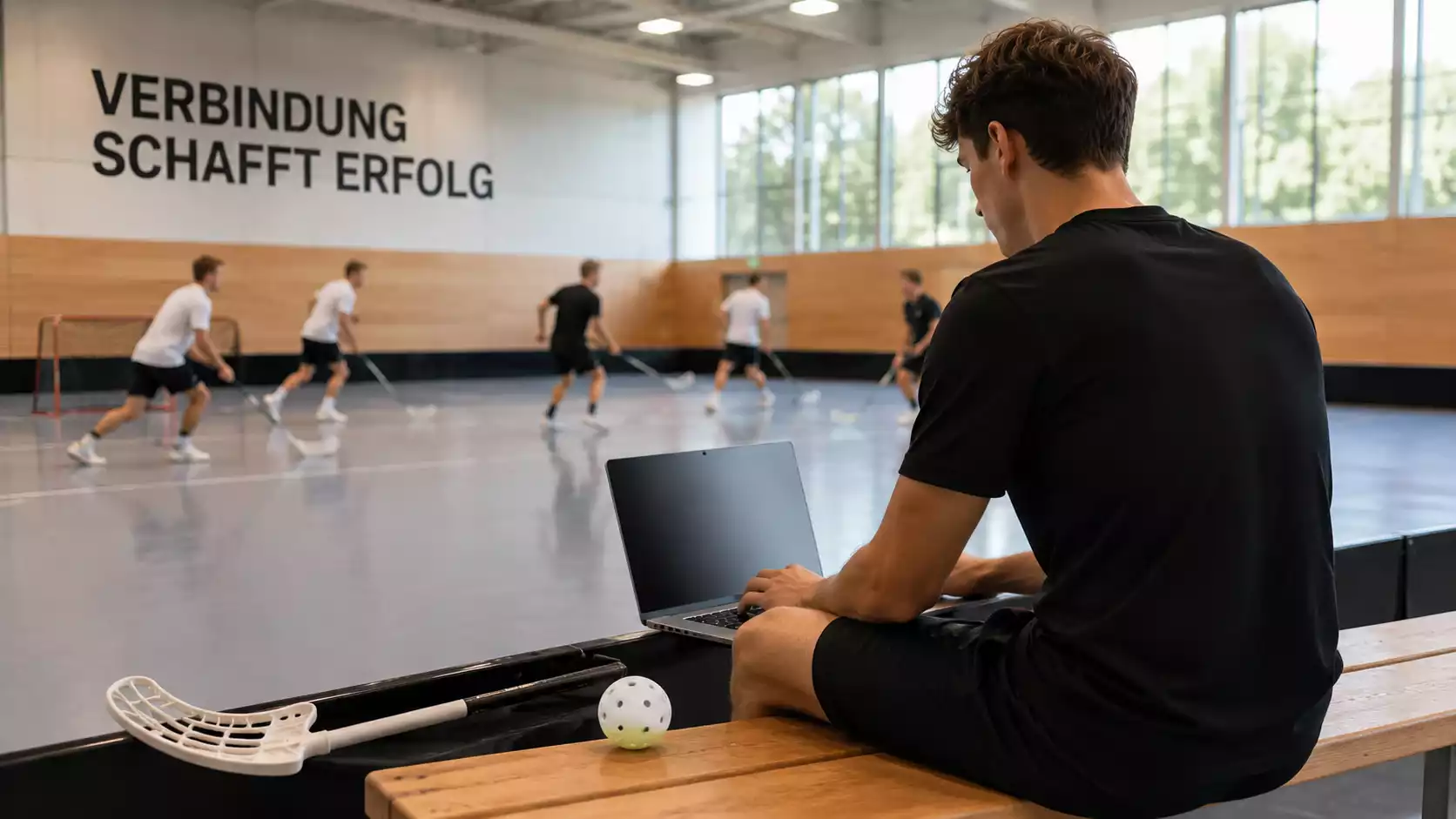 Person verwaltet ein Online-Konto am Laptop neben einem Unihockey-Schläger und Ball
