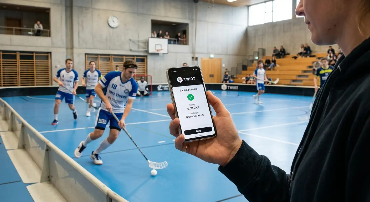 Hand hält ein Smartphone mit geöffneter Zahlungs-App vor einer Unihockey-Halle