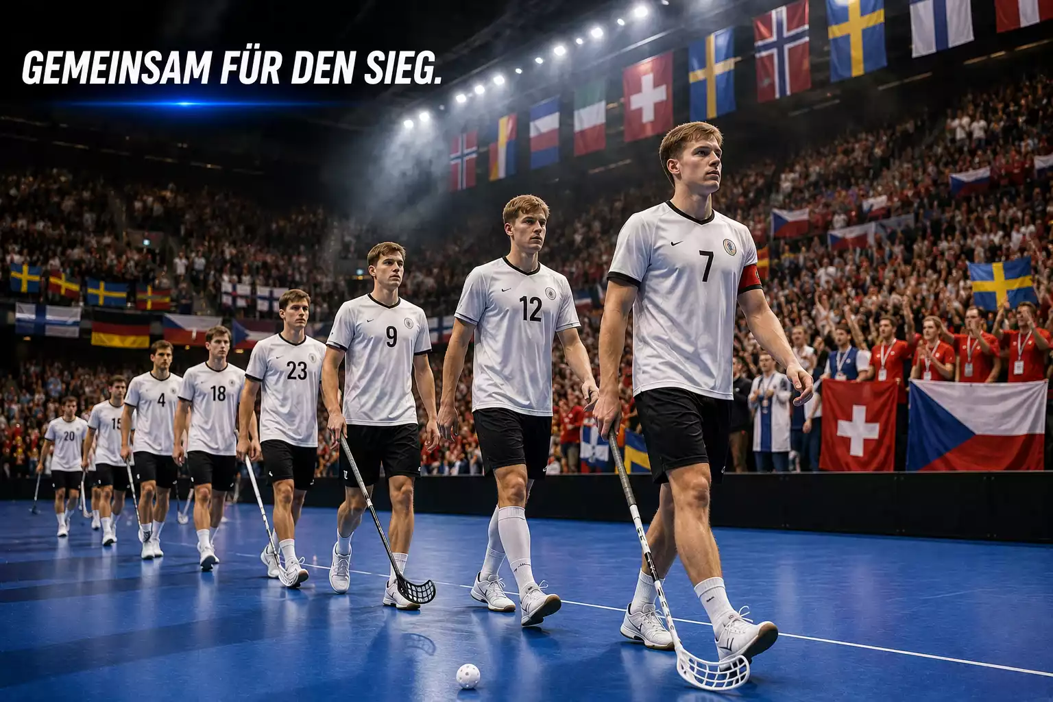 Nationalmannschaft beim Einlaufen in eine voll besetzte Arena bei einer Floorball-Weltmeisterschaft