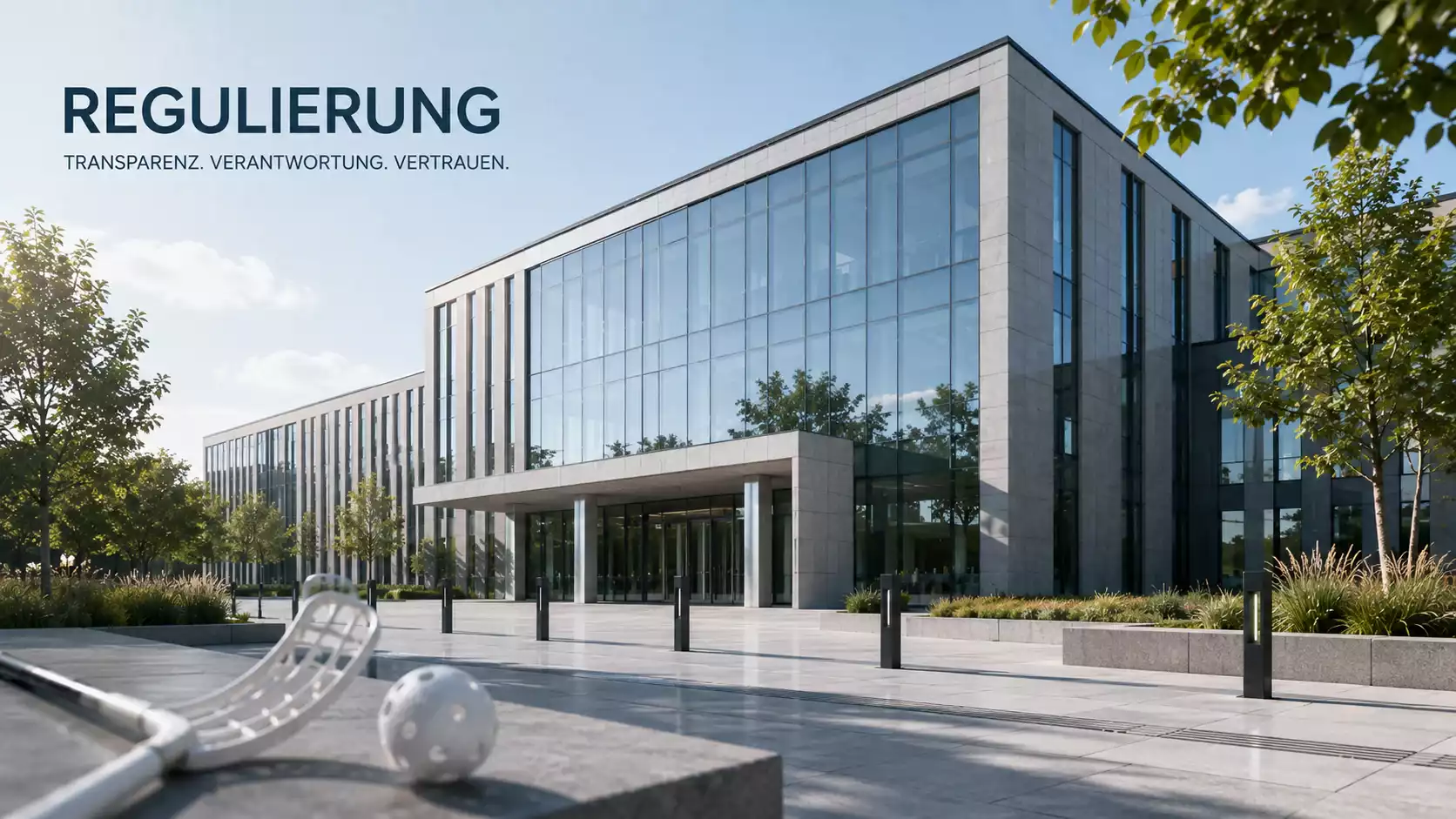 Seriöses Bürogebäude einer Schweizer Aufsichtsbehörde mit Glasfassade bei Tageslicht