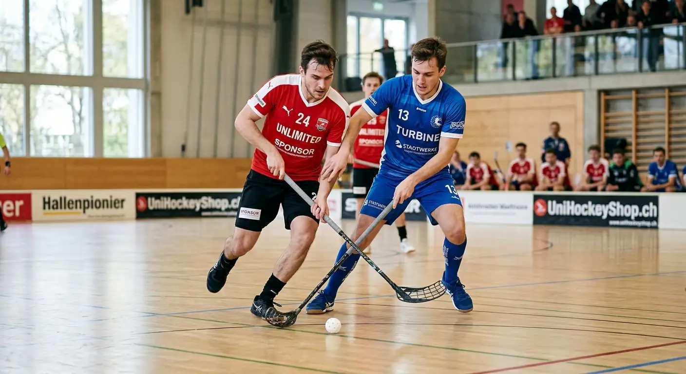 Zwei Unihockey-Teams in farbigen Trikots im Zweikampf um den Ball in der Spielfeldmitte