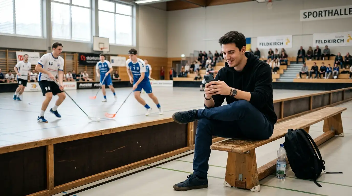 Junger Mann mit Smartphone auf einer Bank, im Hintergrund eine Sporthalle