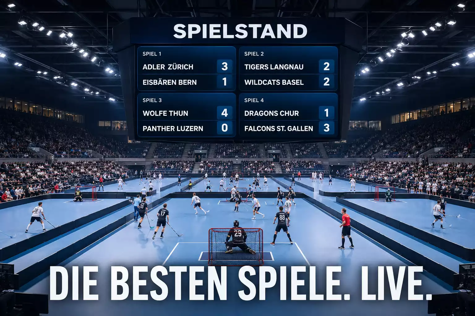 Mehrere Unihockey-Spiele gleichzeitig auf einer Anzeige in einer modernen Sporthalle