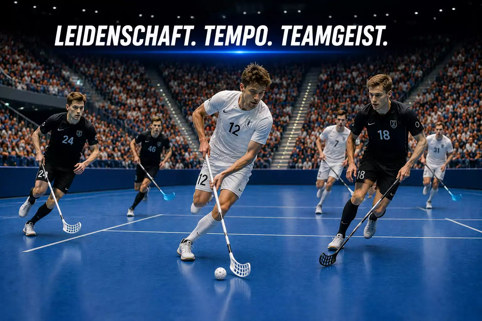 Bandenwerbung und Spielfeld einer Schweizer Unihockey-Halle während eines Ligaspiels