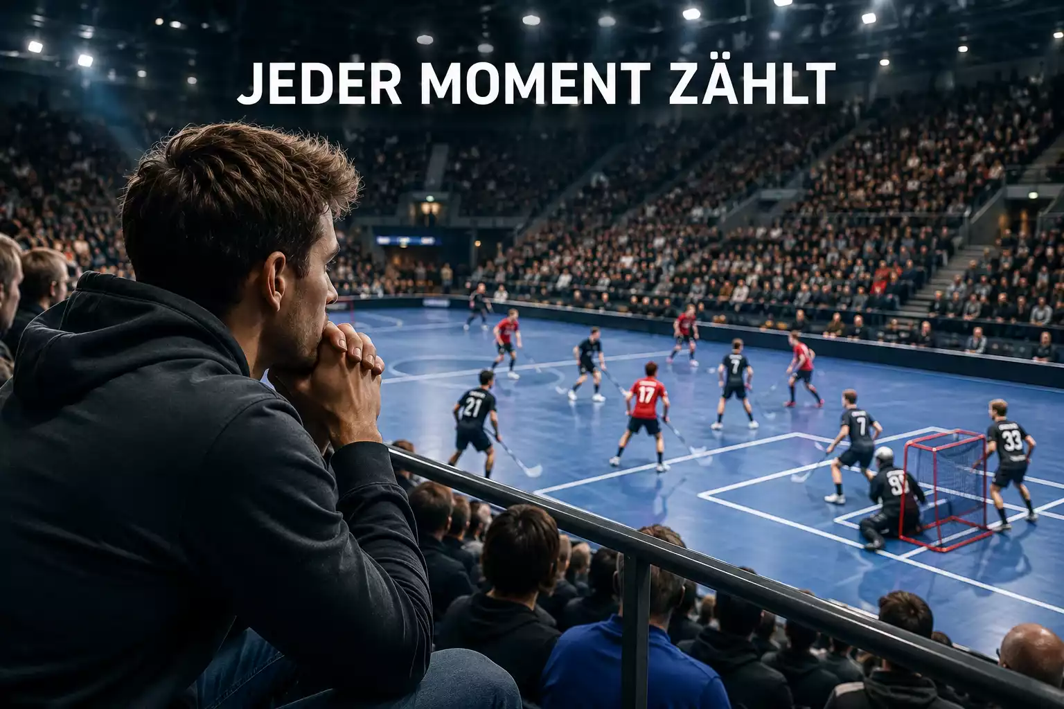 Konzentrierter Zuschauer verfolgt ein laufendes Unihockey-Spiel von der Tribüne aus