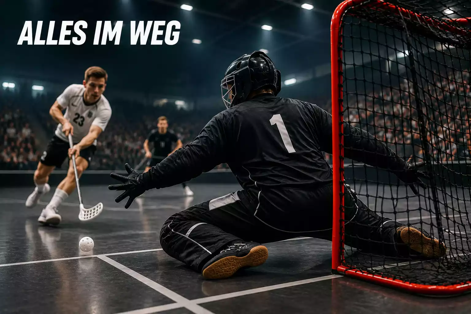 Floorball-Torhüter in Hockeyposition verteidigt sein Tor gegen einen anstürmenden Angreifer