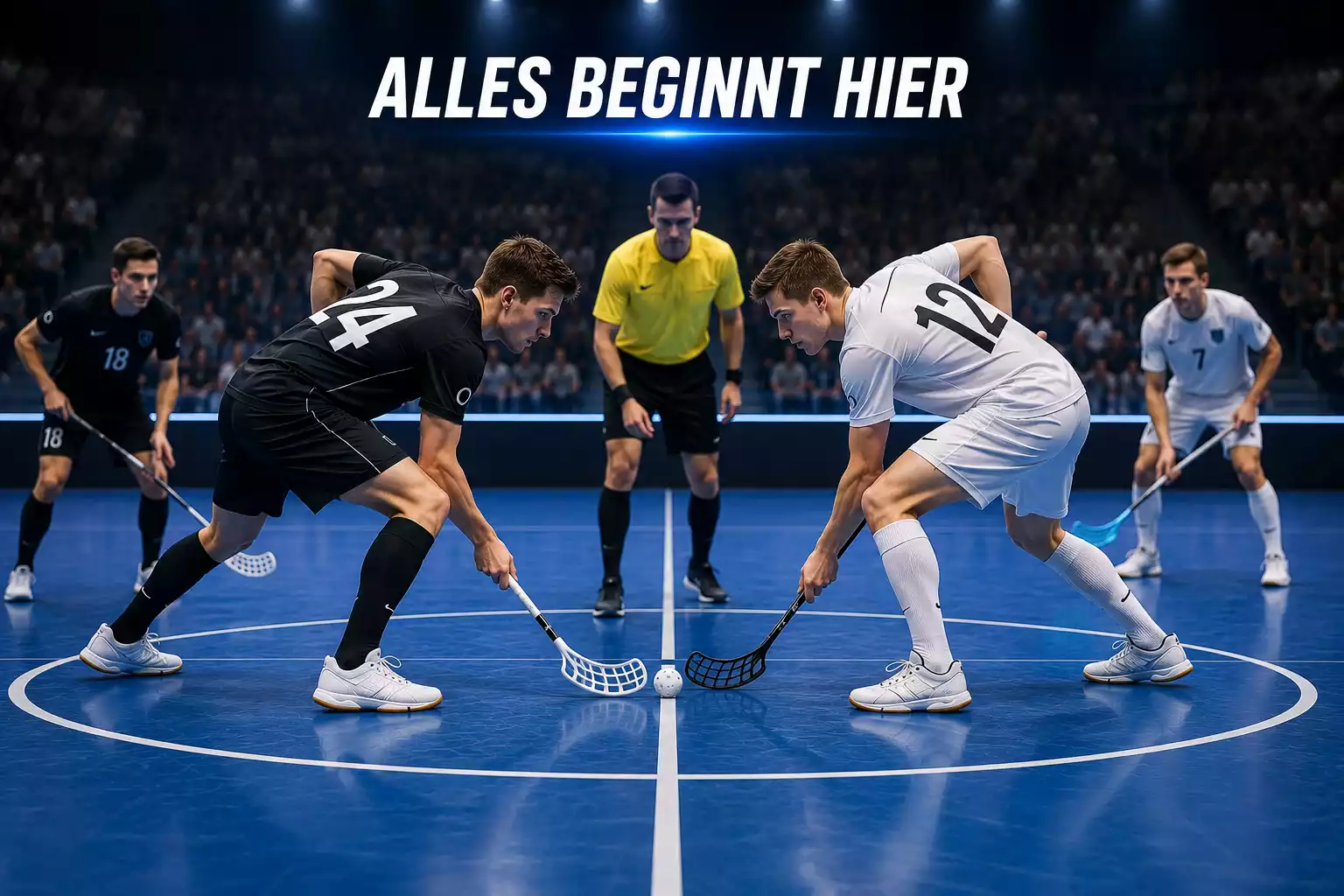 Unihockey-Spieler der obersten Schweizer Liga beim Anspiel in der Mitte des Spielfelds