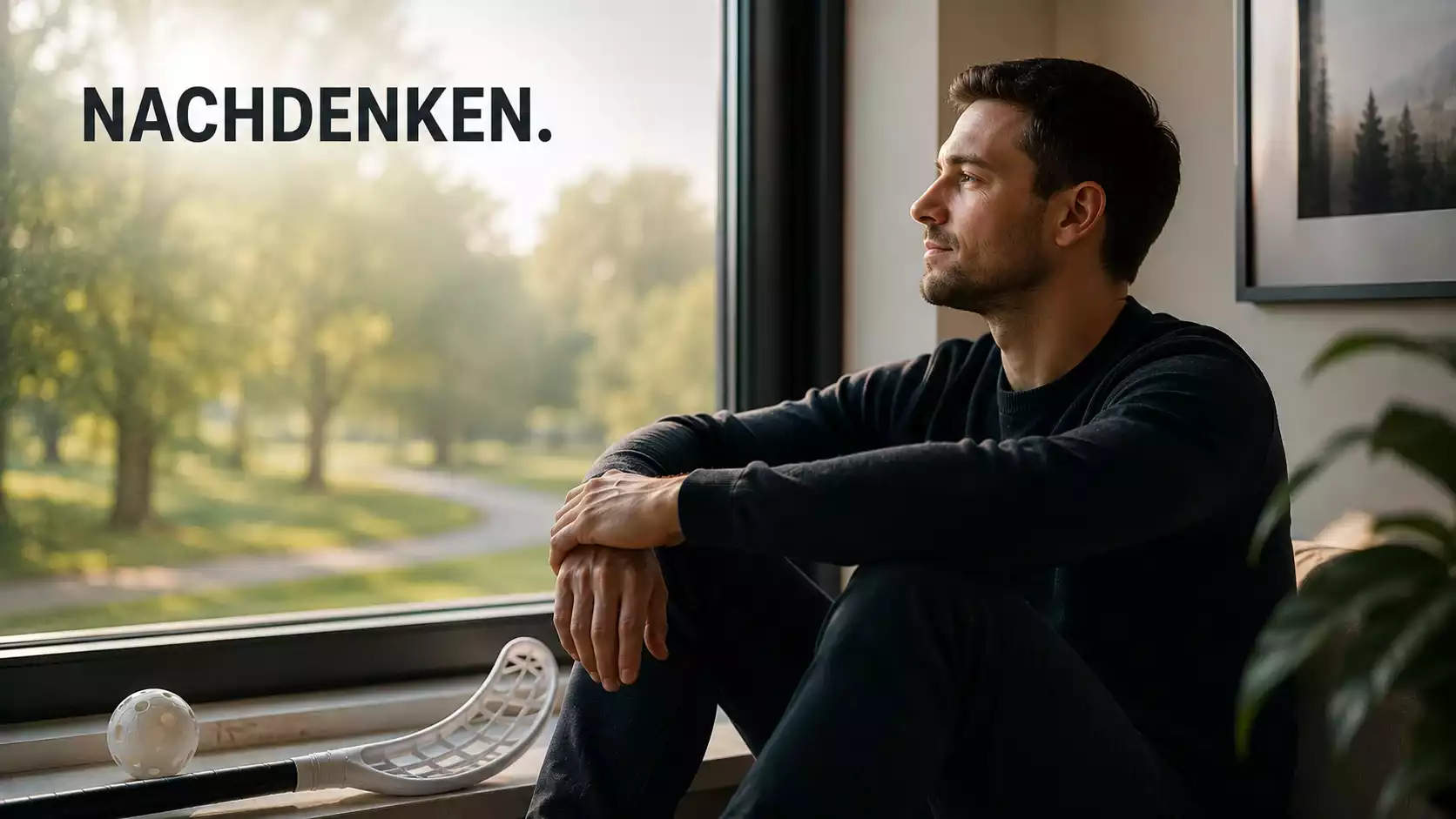 Nachdenkliche Person sitzt allein am Fenster und blickt sorgenvoll nach draussen