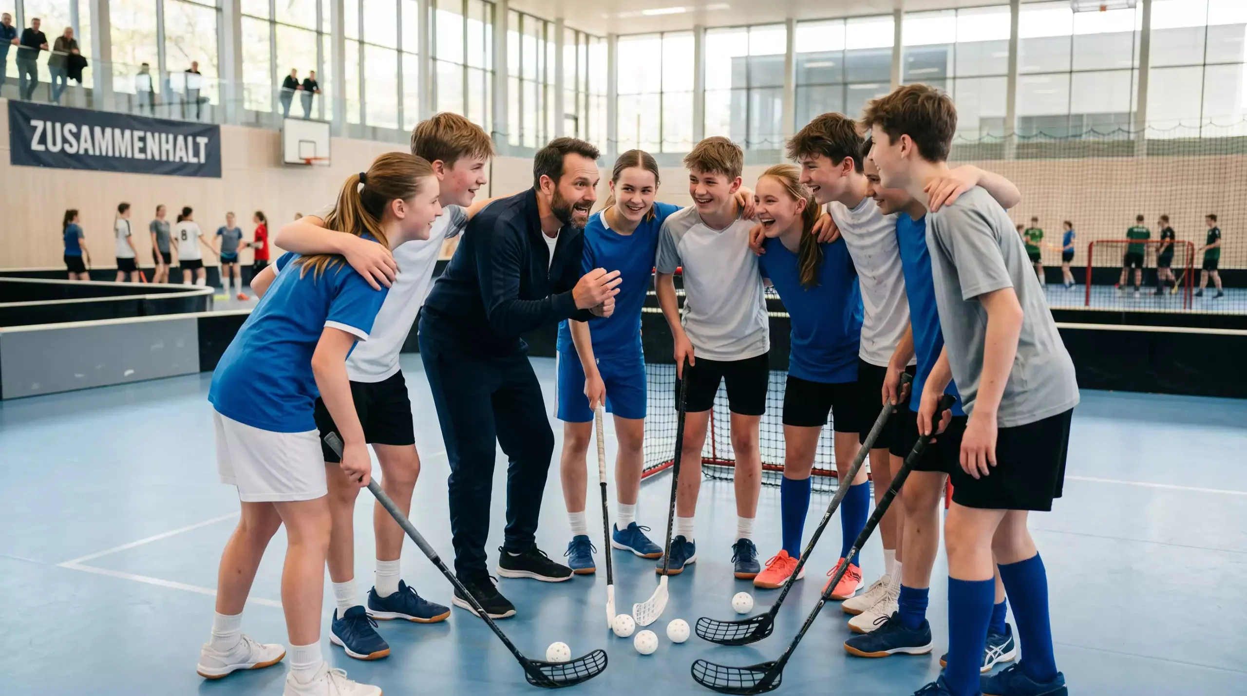Jugendliche Unihockey-Mannschaft beim Training in einer geförderten Sporthalle