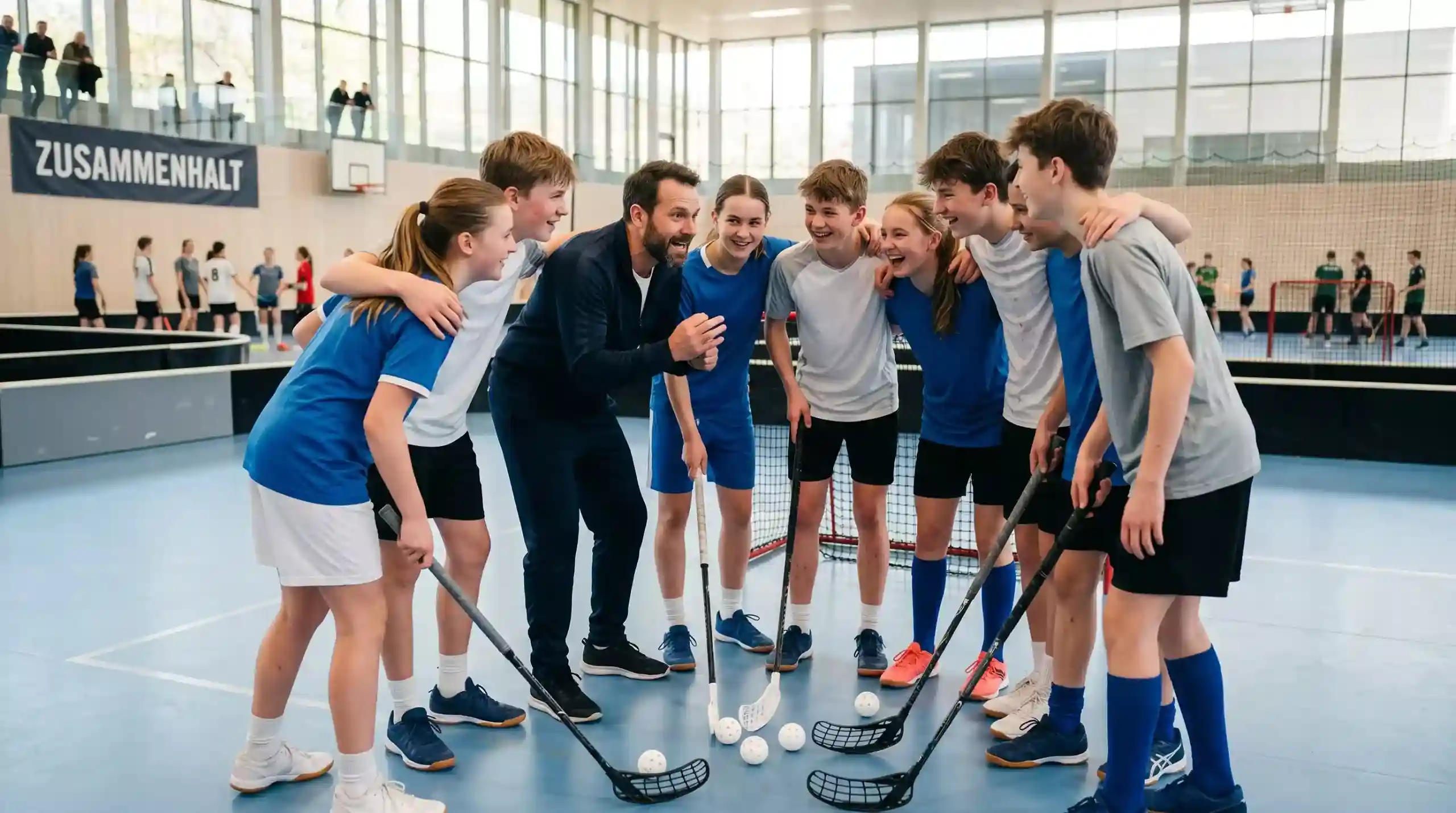 Jugendliche Unihockey-Mannschaft beim Training in einer geförderten Sporthalle