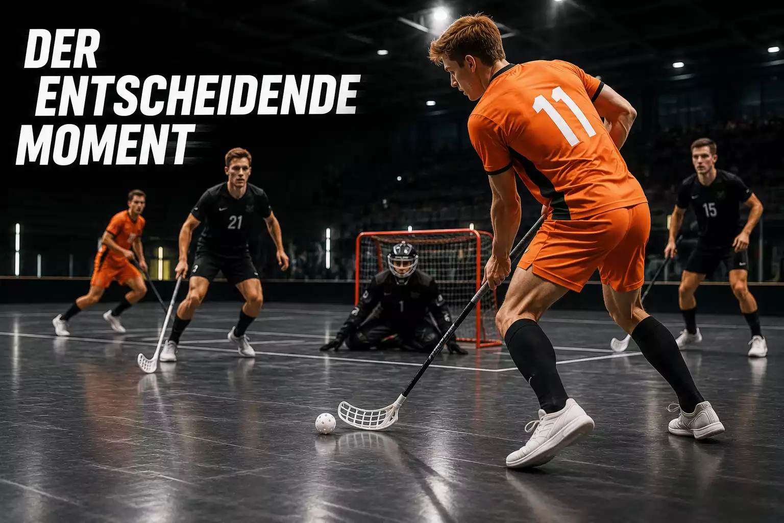Unihockey-Stürmer mit Schläger und Ball vor dem gegnerischen Tor während eines Hallenspiels