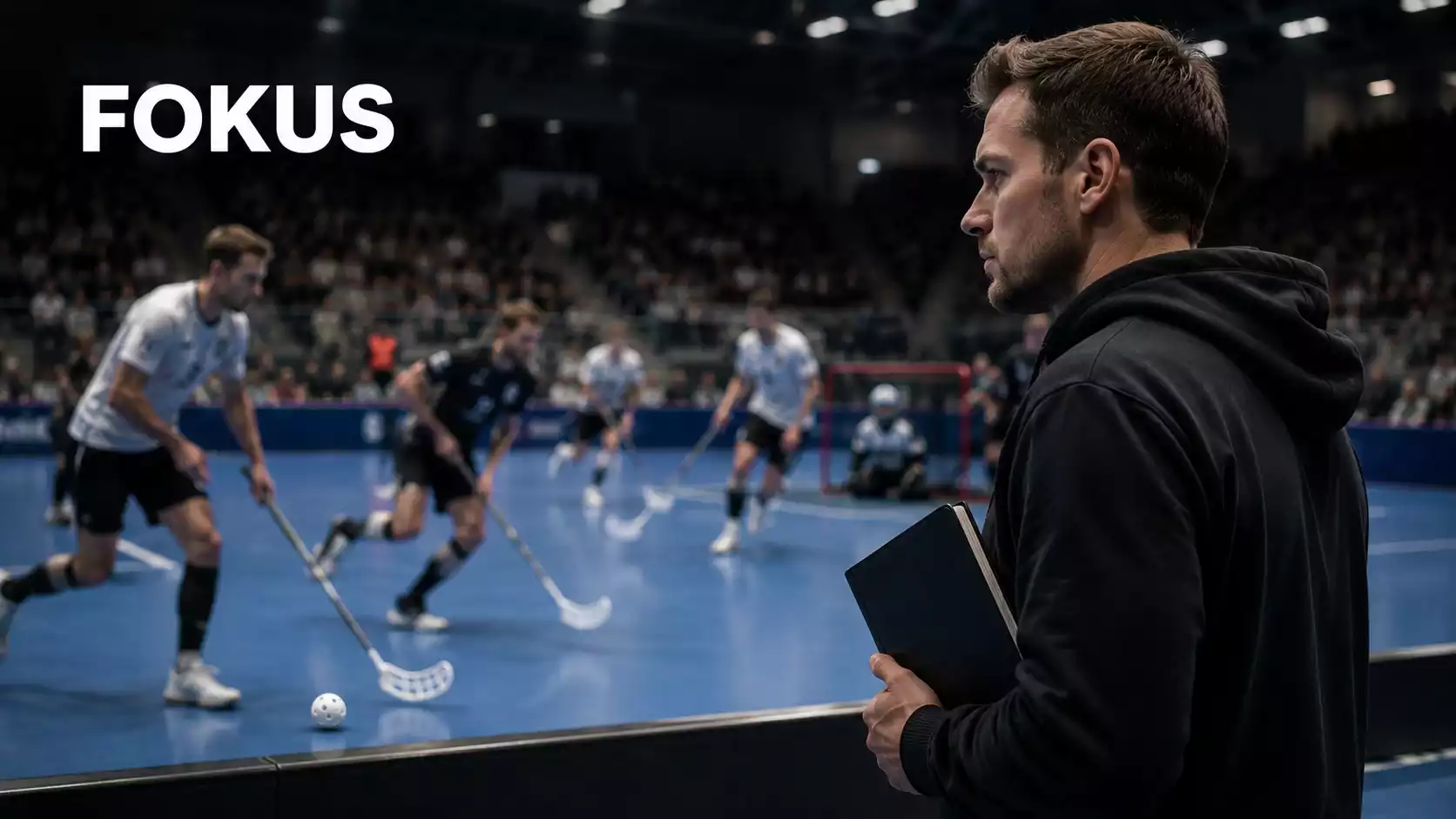 Nachdenklicher Analyst betrachtet ein laufendes Unihockey-Spiel und macht sich Notizen