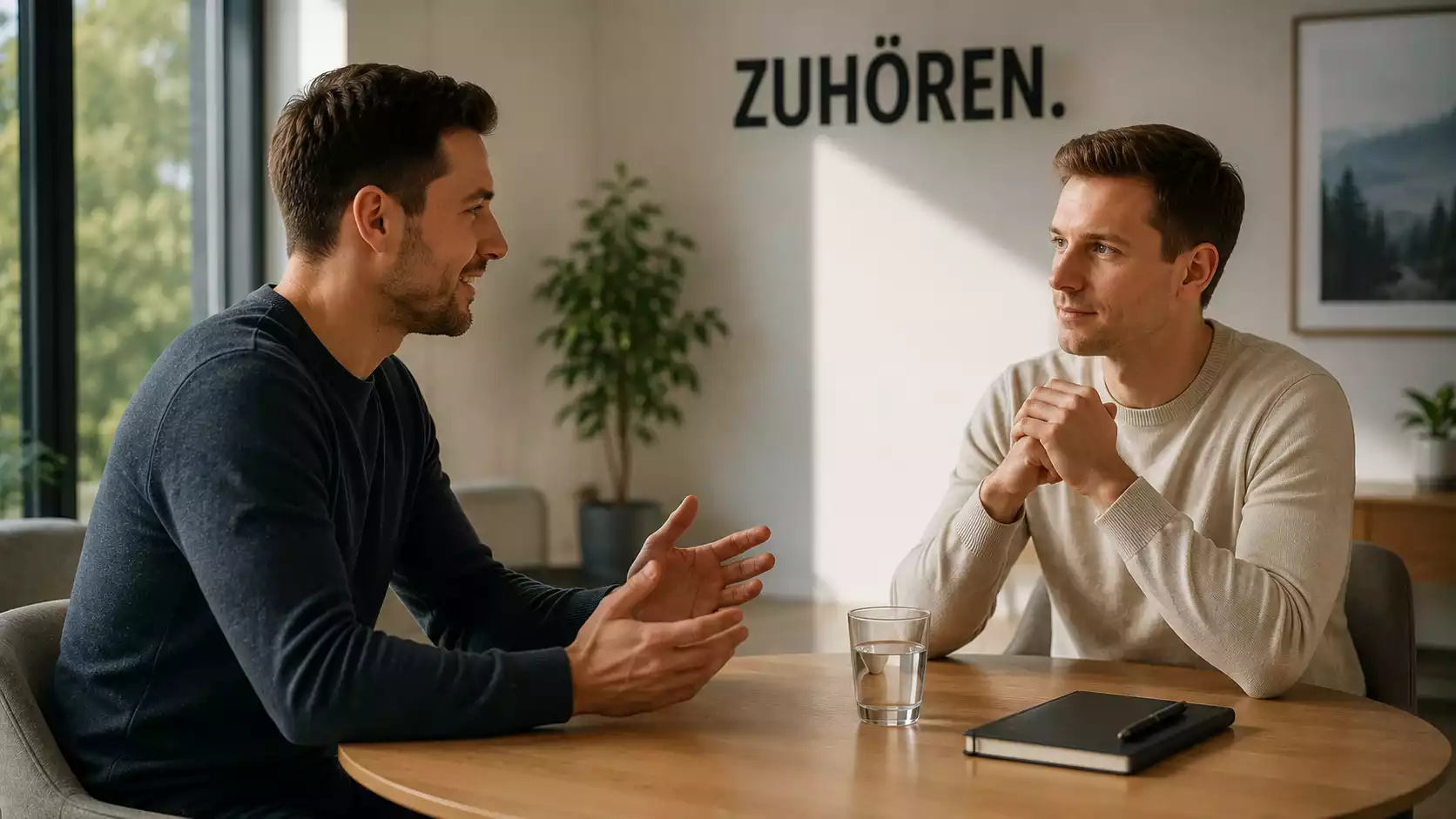 Vertrauensvolles Beratungsgespräch zwischen zwei Personen an einem Tisch