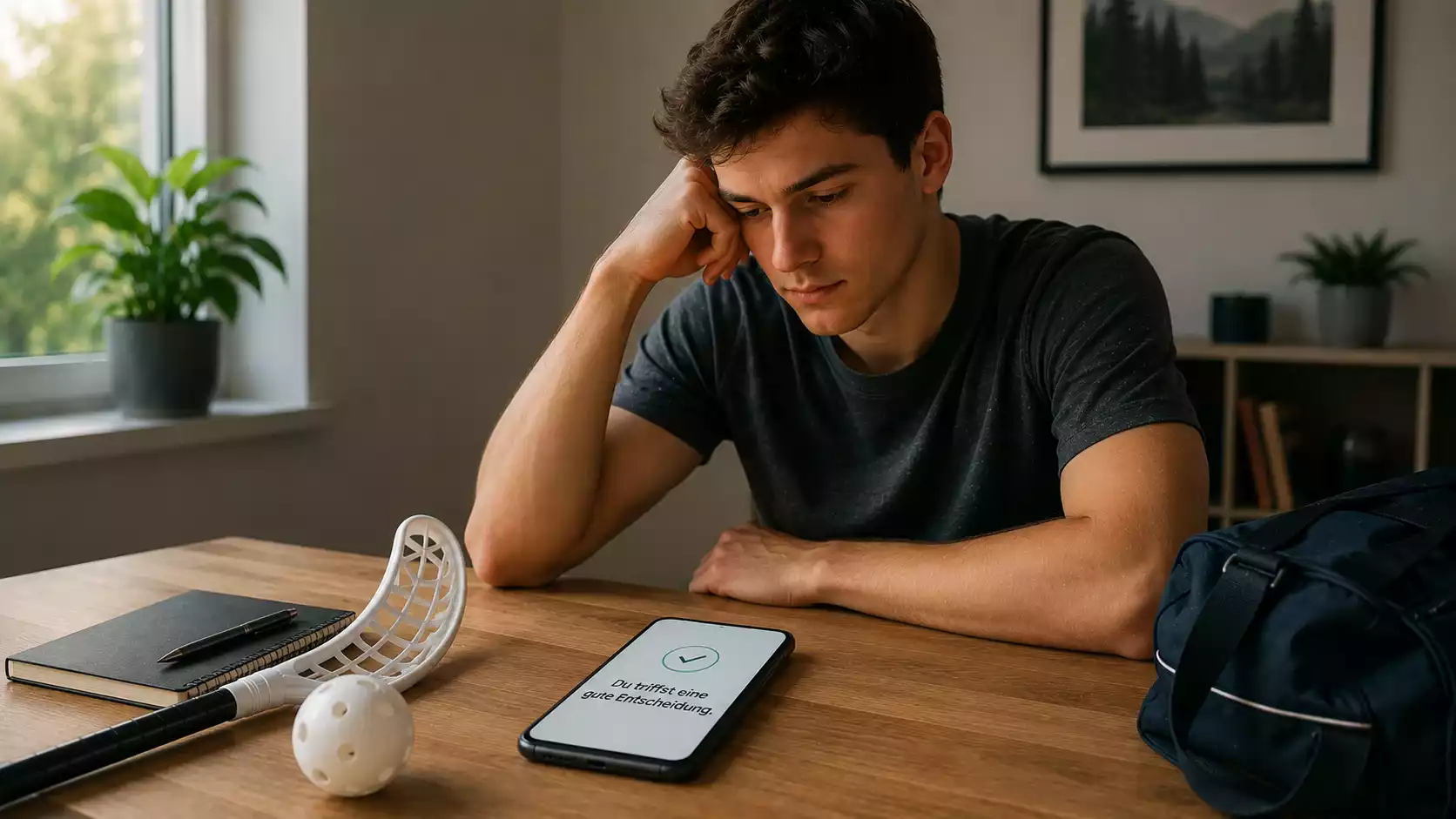 Junger Mann blickt nachdenklich auf sein Smartphone an einem Tisch