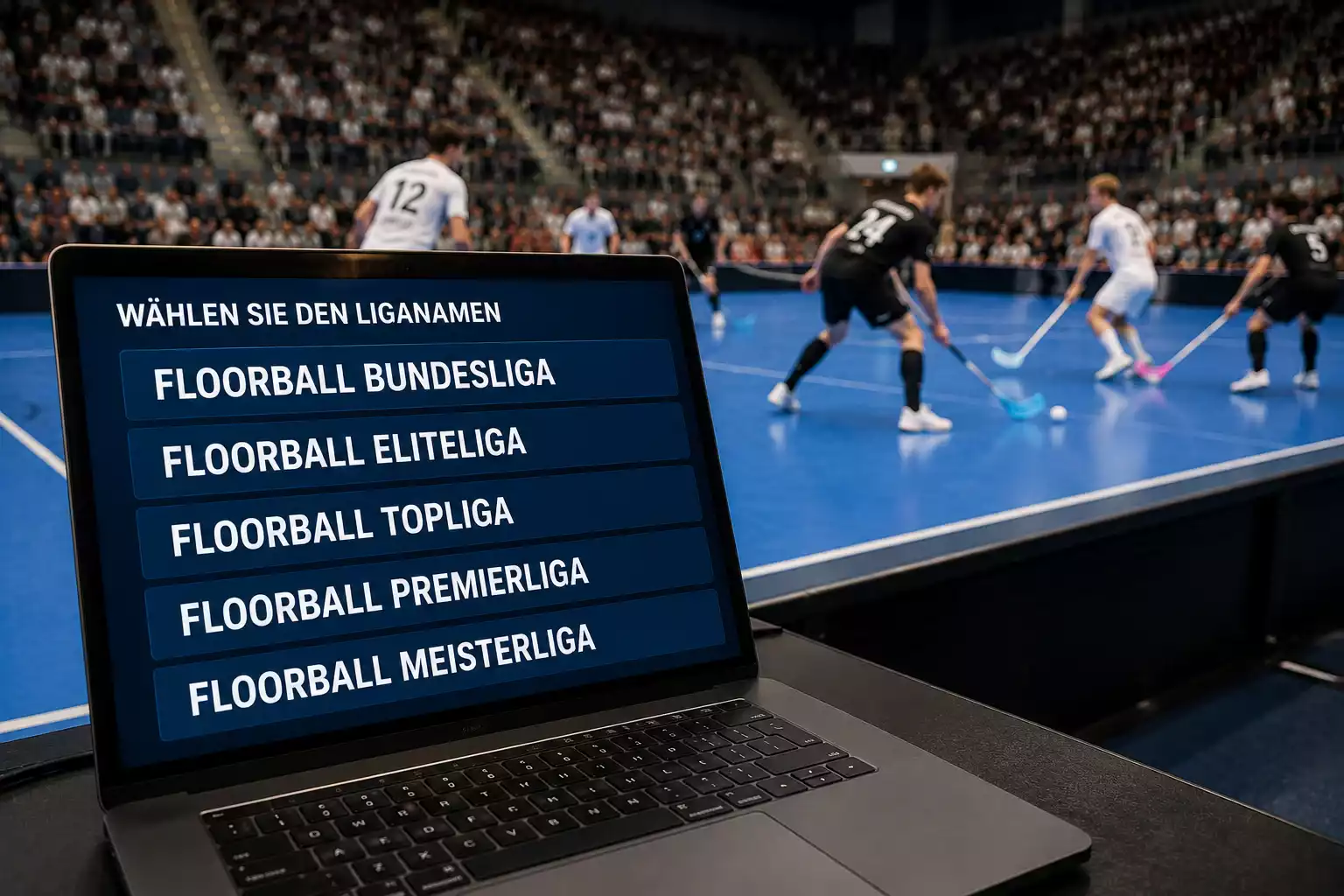 Person vergleicht am Bildschirm verschiedene Bezeichnungen derselben Unihockey-Liga