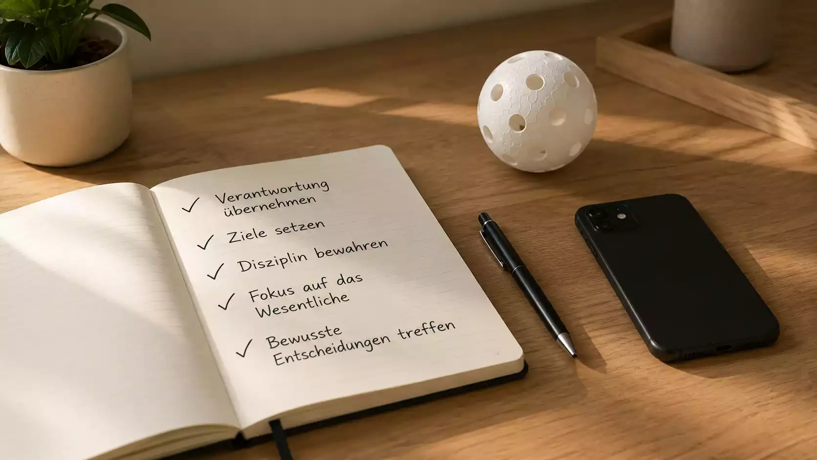 Notizbuch mit handschriftlicher Wett-Checkliste und einem Stift auf einem Tisch