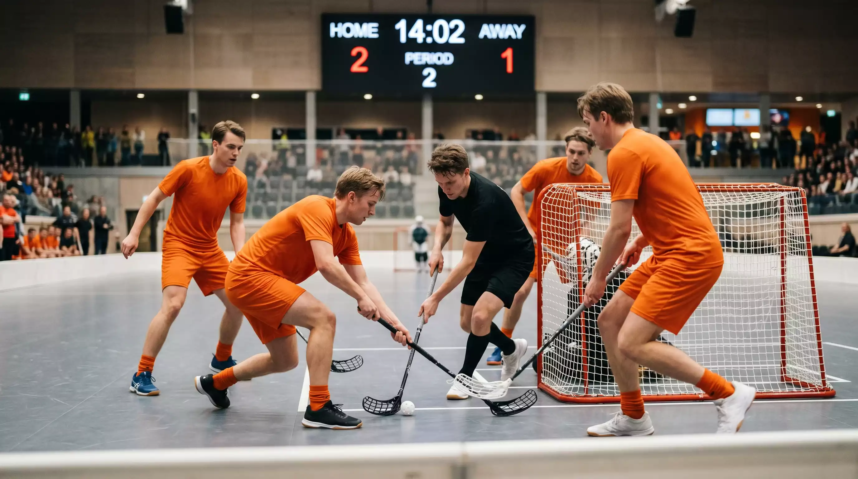 Anzeigetafel mit wechselnden Live-Quoten während eines schnellen Unihockey-Spiels