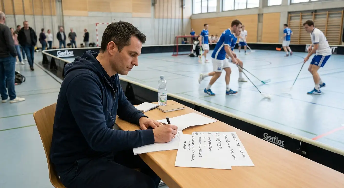 Wettender bereitet sich vor dem Anpfiff mit Notizen zum Unihockey-Spiel vor