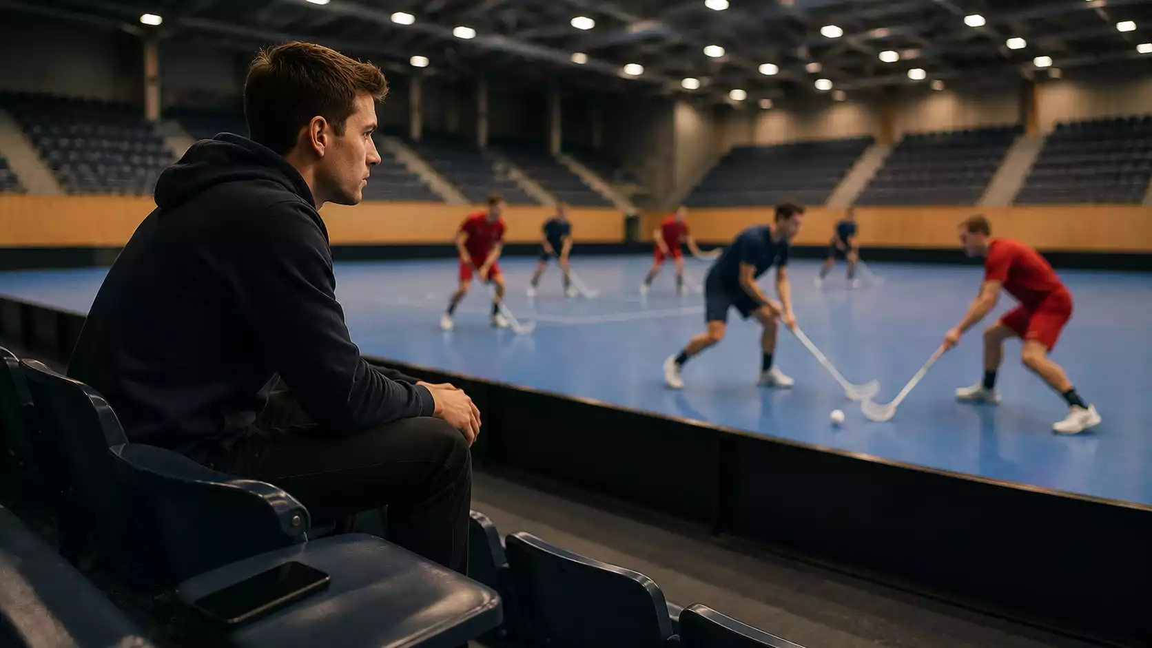 Angespannter Wettender starrt während eines schnellen Floorball-Spiels auf sein Smartphone